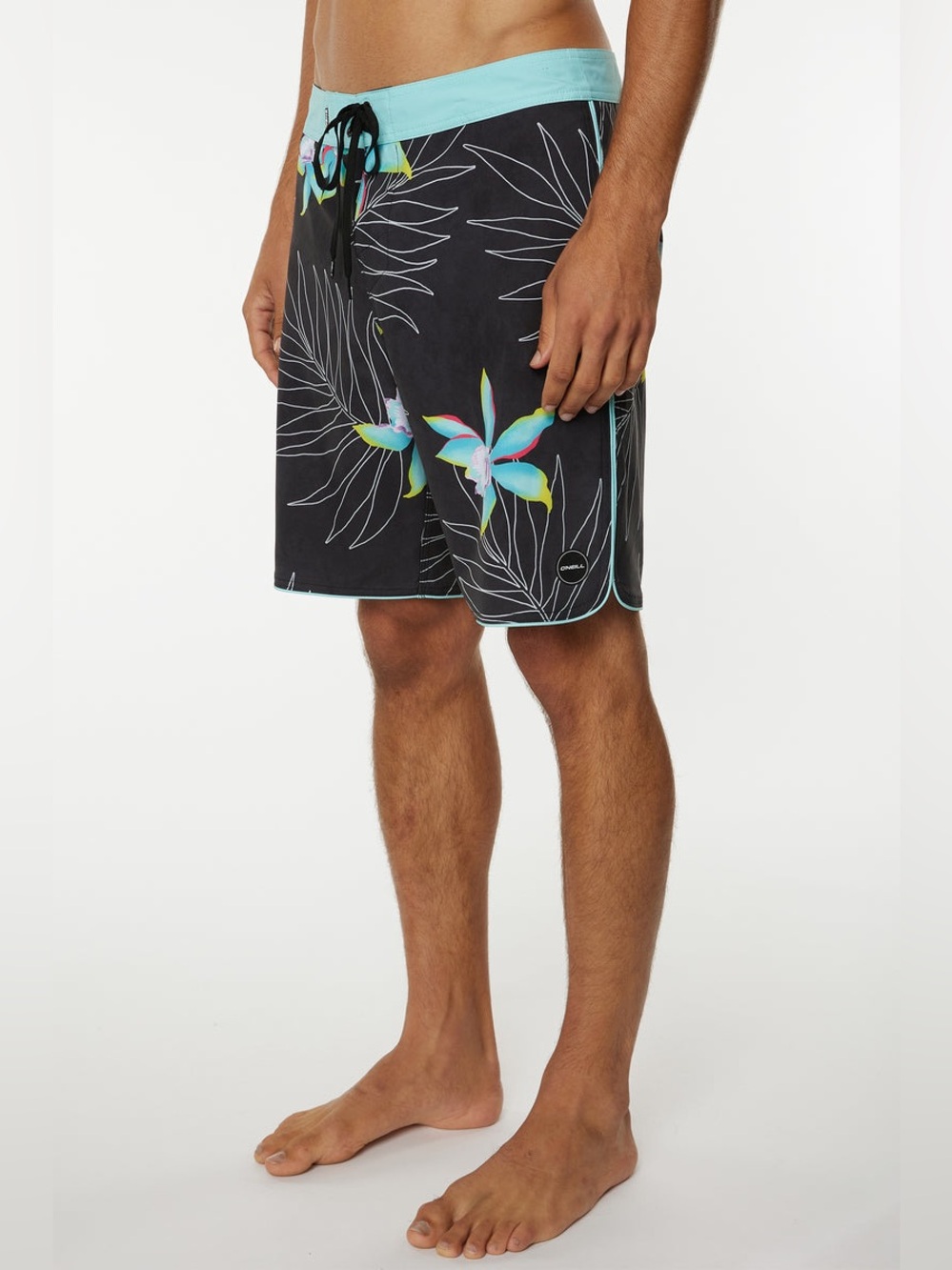 O'Neill Black Floral Boardshorts with Aqua Waistband Side 33